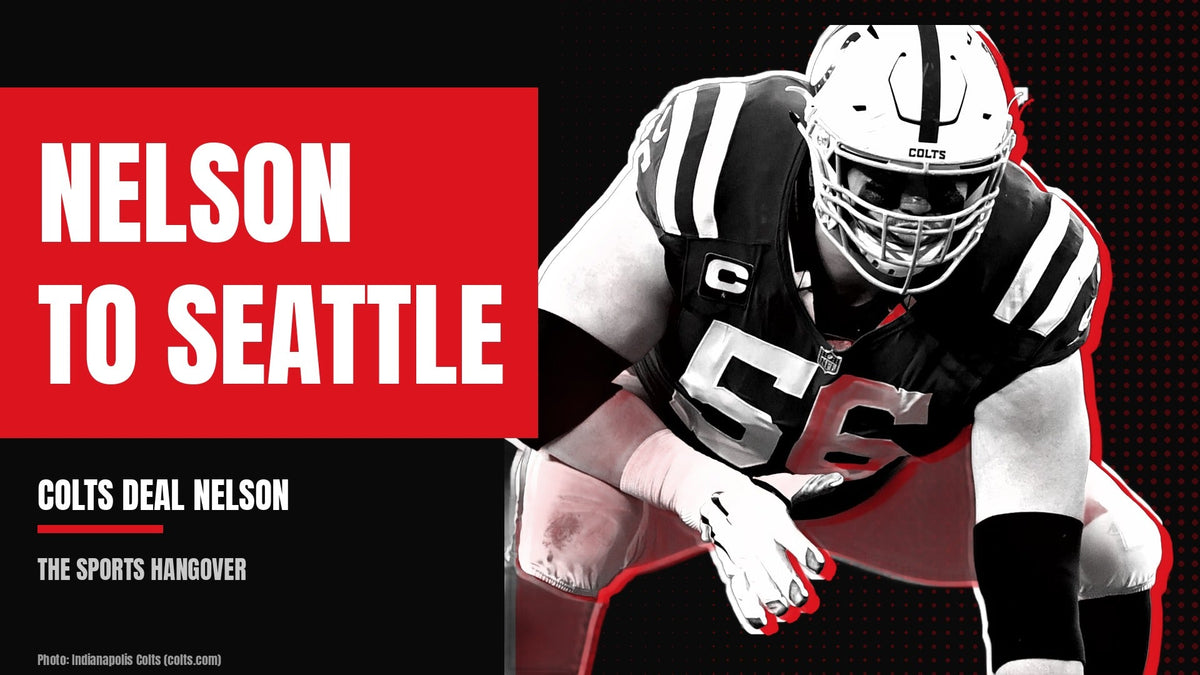 Quenton Nelson in his Colts stance beside the headline Nelson to Seattle, Colts deal Nelson