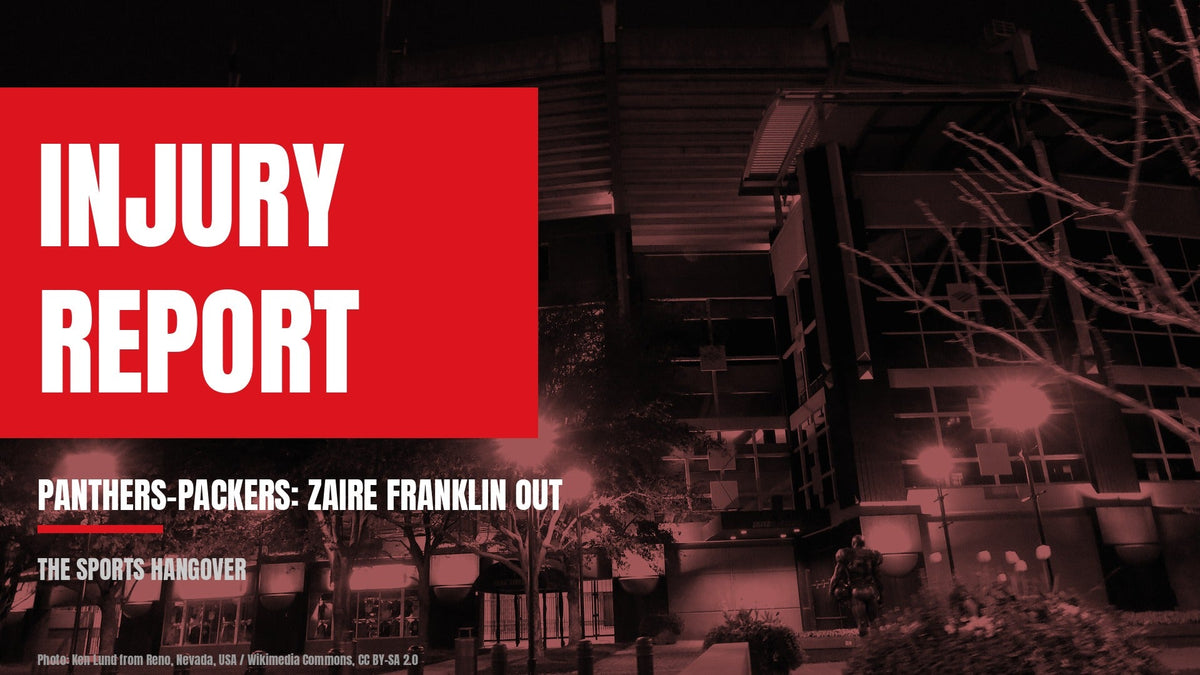 Night view of a stadium behind the headline Injury Report, Panthers-Packers Zaire Franklin status