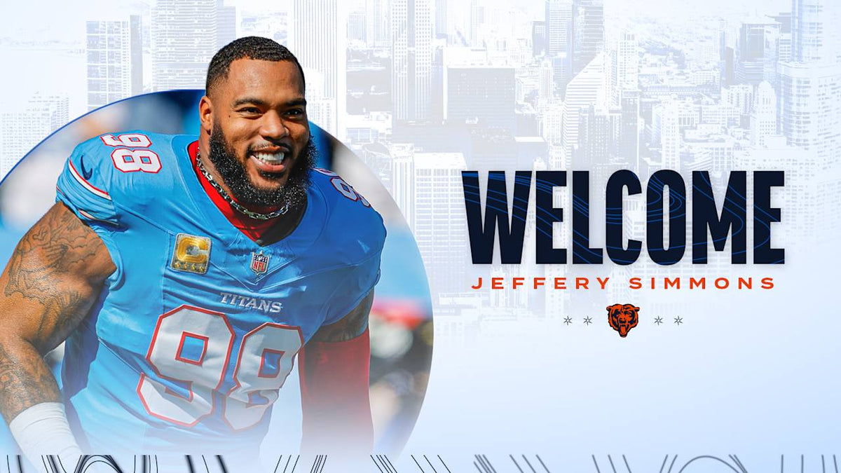 Smiling Jeffery Simmons in a Tennessee Titans jersey next to the words Welcome Jeffery Simmons and the Chicago Bears logo