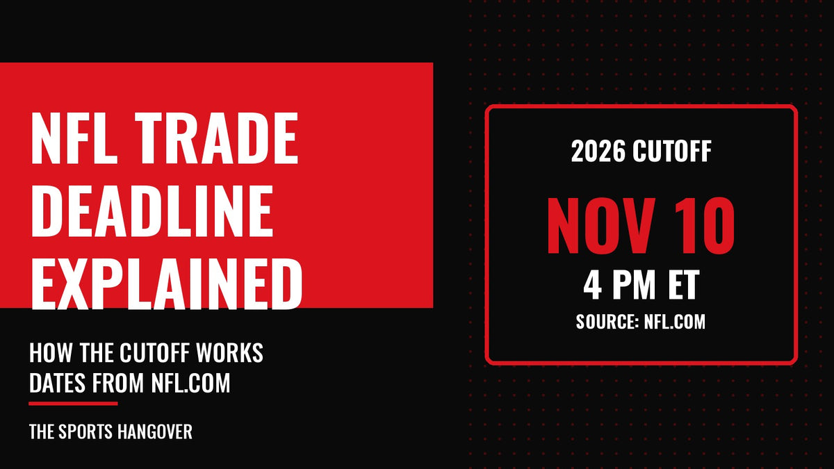 Black, white and red graphic reading NFL Trade Deadline Explained, with the 2026 cutoff of November 10 at 4 PM ET from NFL.com